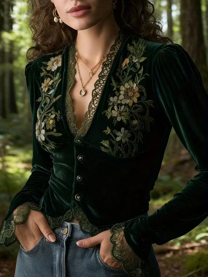 Nora | Blusa de terciopelo de manga larga con flores bordadas
