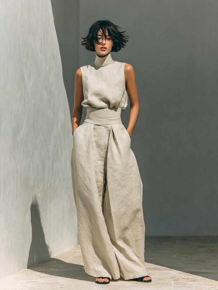 Maria – Minimalist Cotton & Linen Vest Top and Wide-Leg Trousers Set