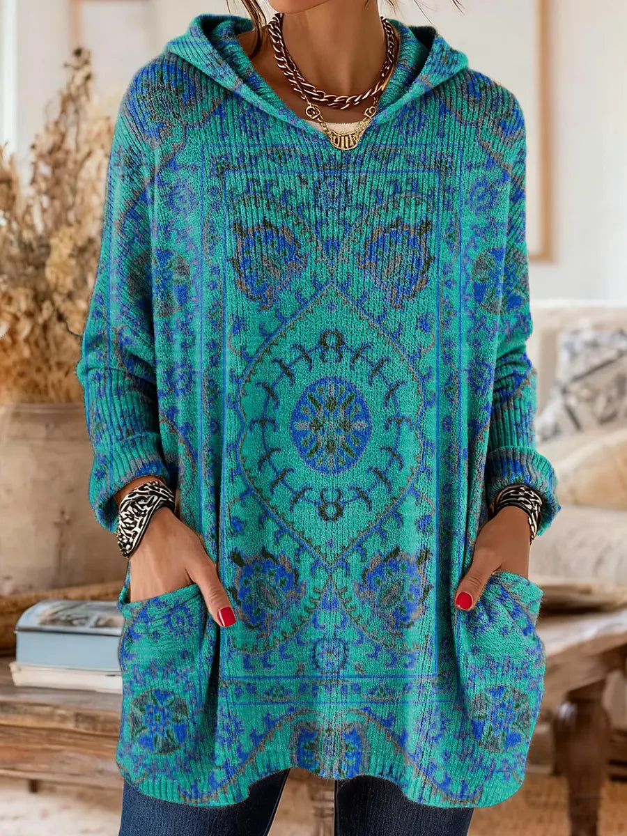 Retro Ethnic Print Hooded Knit Tunic with Pockets