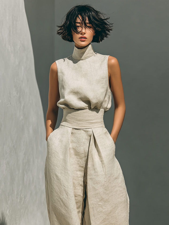 Maria – Minimalist Cotton & Linen Vest Top and Wide-Leg Trousers Set