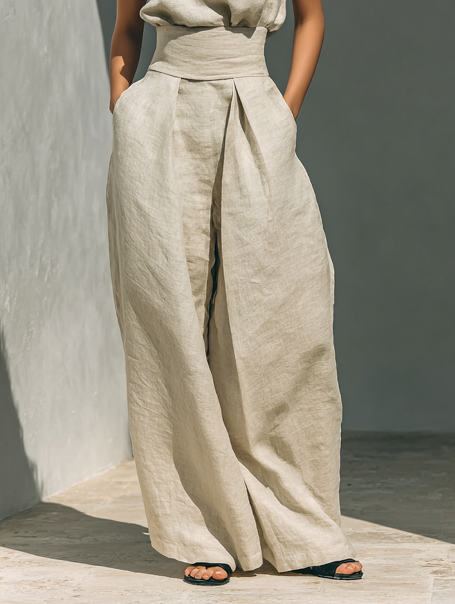 Maria – Minimalist Cotton & Linen Vest Top and Wide-Leg Trousers Set