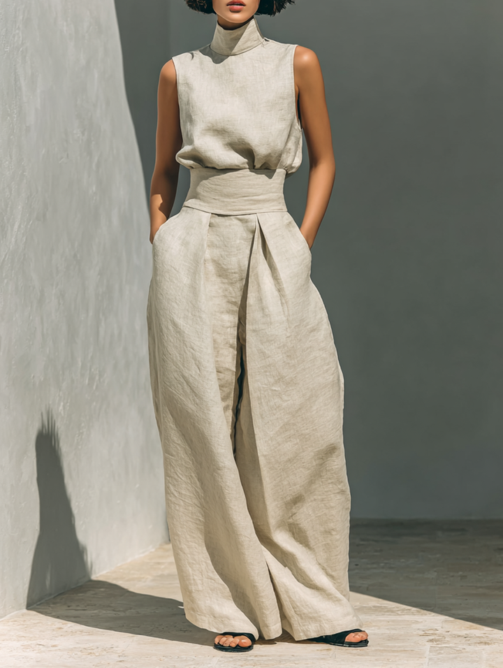 Maria – Minimalist Cotton & Linen Vest Top and Wide-Leg Trousers Set