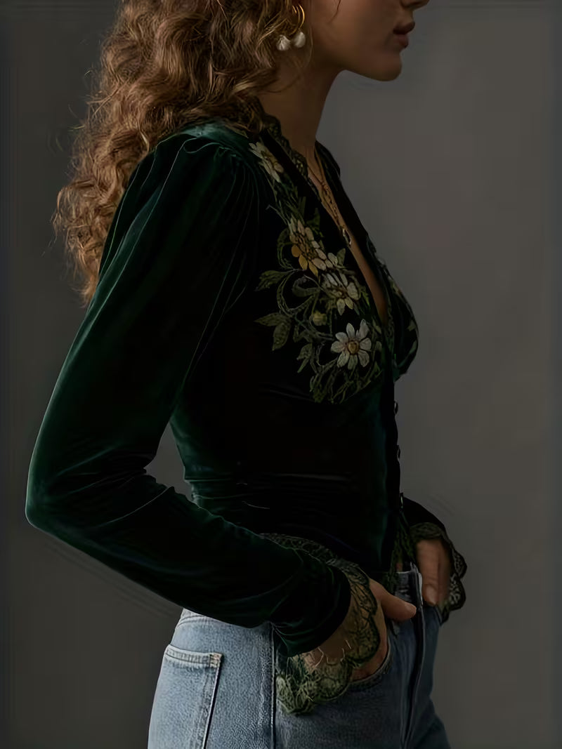 Nora | Blusa de terciopelo de manga larga con flores bordadas