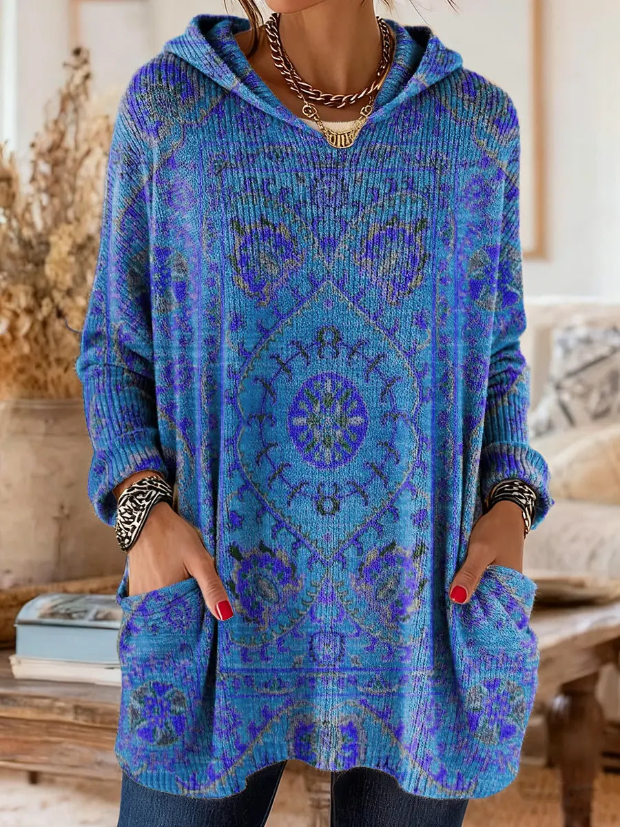 Retro Ethnic Print Hooded Knit Tunic with Pockets