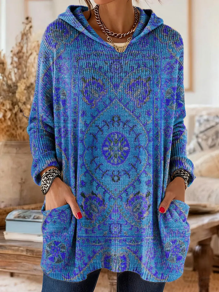 Retro Ethnic Print Hooded Knit Tunic with Pockets