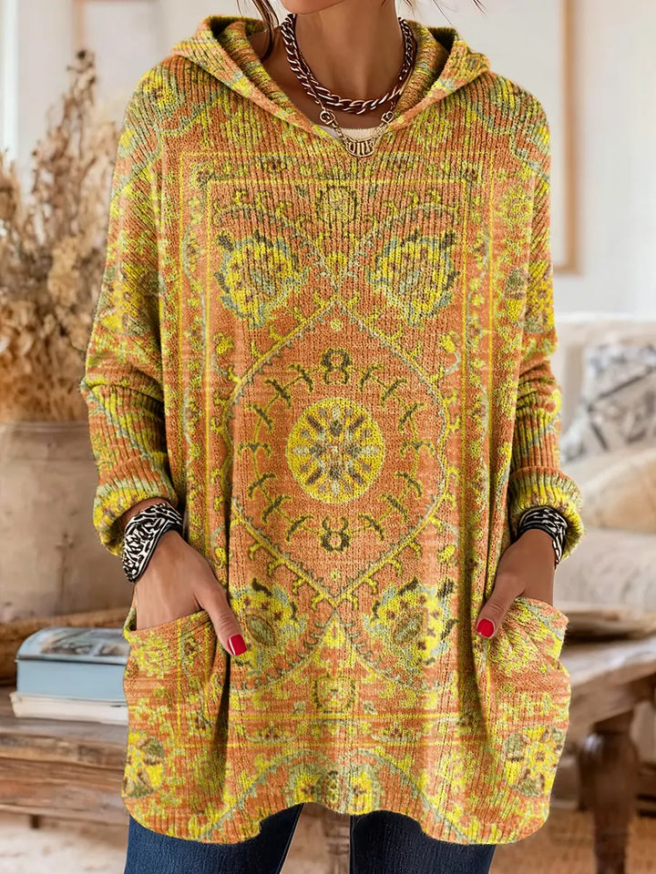 Retro Ethnic Print Hooded Knit Tunic with Pockets