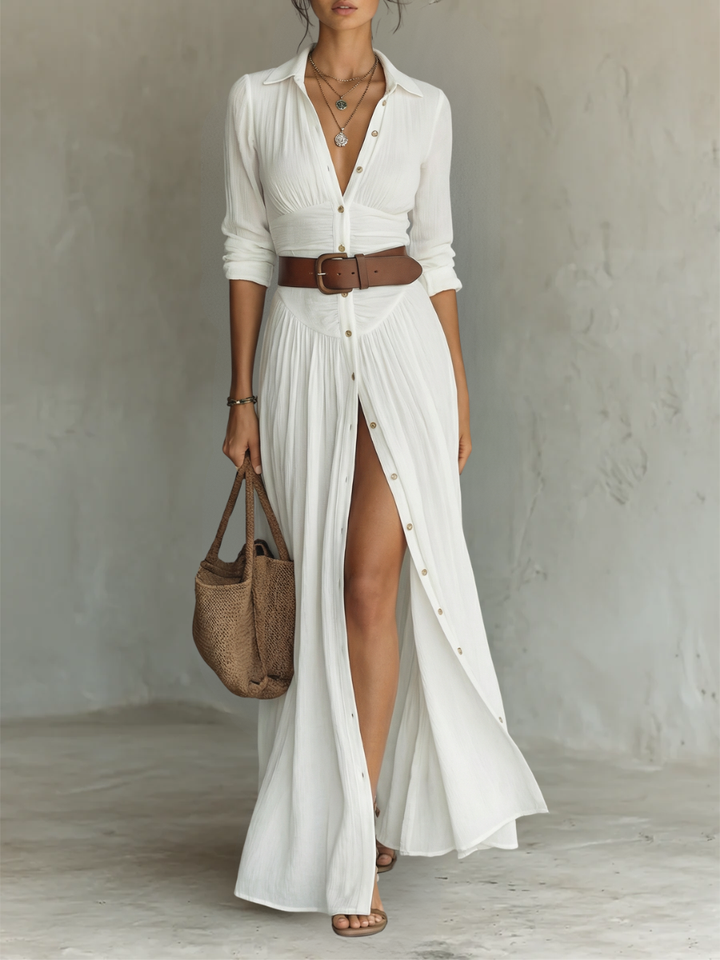 Amélia™ — An elegant maxi dress with a lapel collar