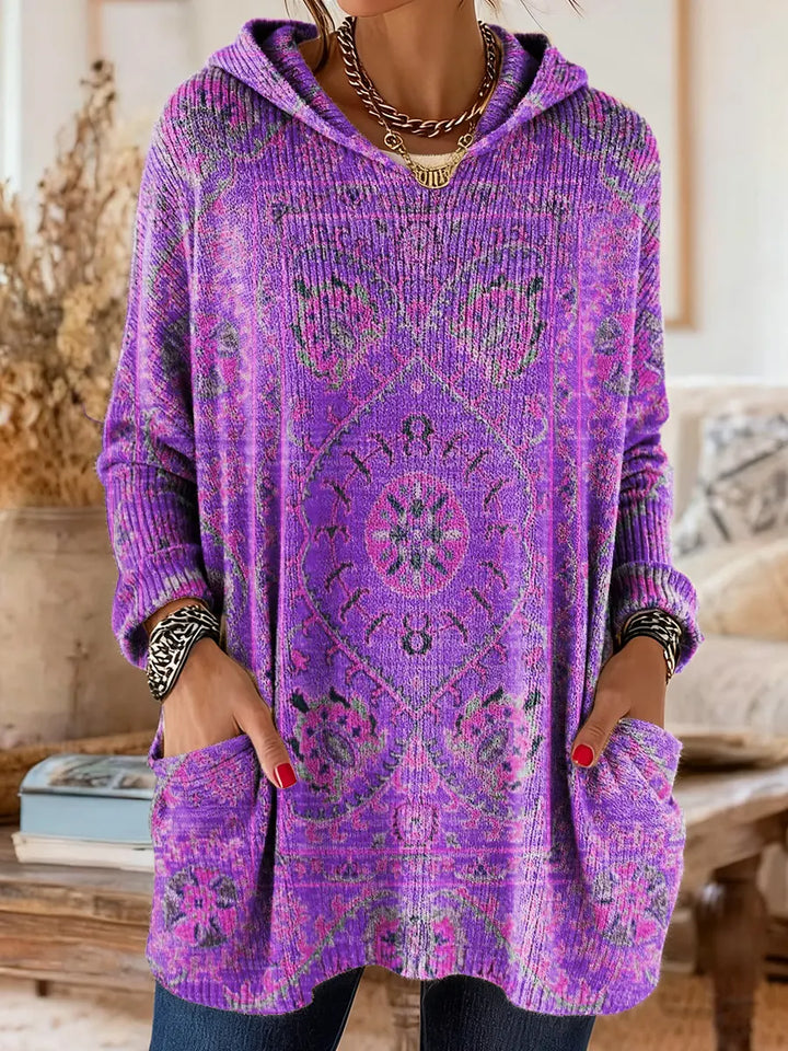 Retro Ethnic Print Hooded Knit Tunic with Pockets