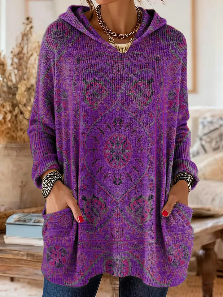 Retro Ethnic Print Hooded Knit Tunic with Pockets